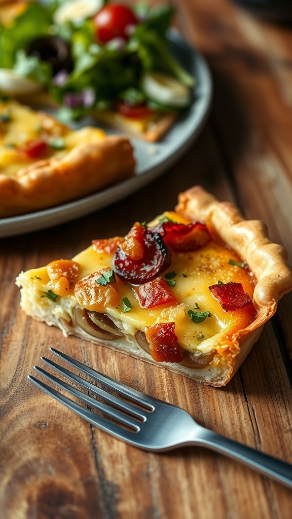 A slice of onion and bacon quiche on a wooden table, garnished with herbs.